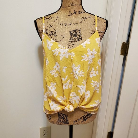 Lush Tops - Lush Shirt Womens Large Yellow Floral Spaghetti Strap Crop Polyester V-Neck